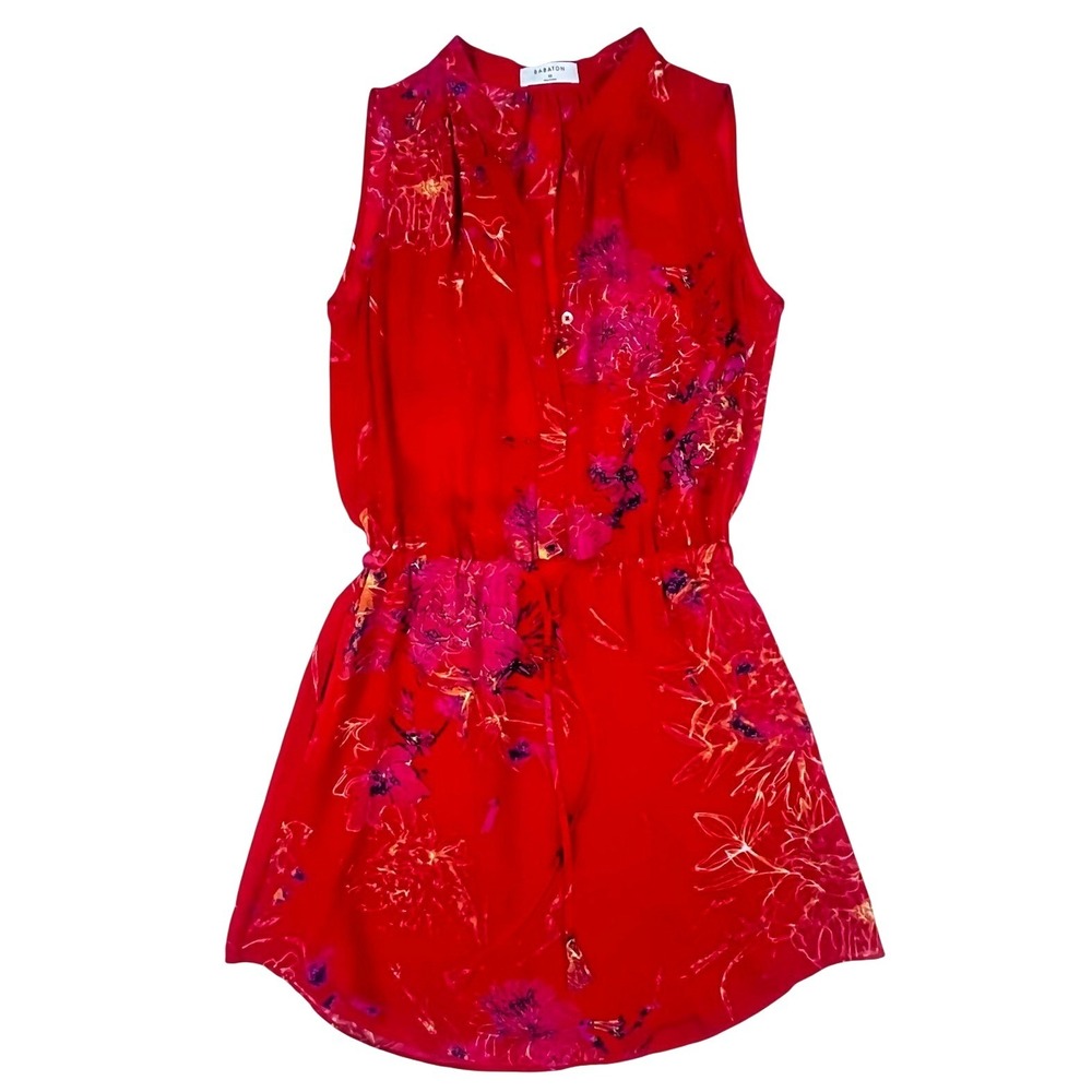 Babaton Aritzia Red Floral Silk Mini Dress Sleeveless XS Drawstring Waist